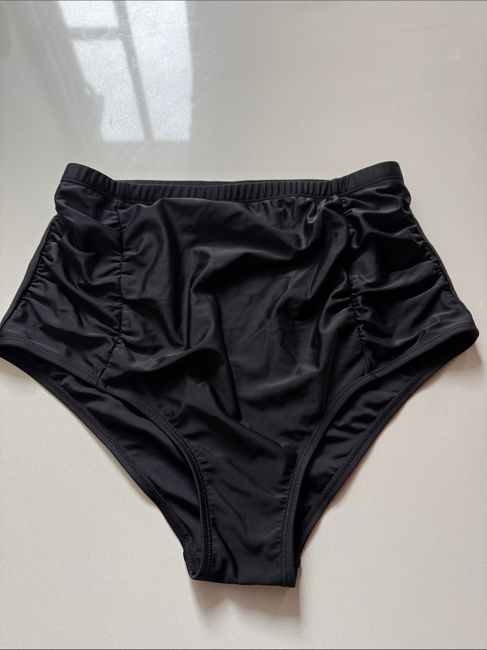 Swim Bottoms High-Waist Front Side Ruched Panels Black Bikini Bottoms, Size XL